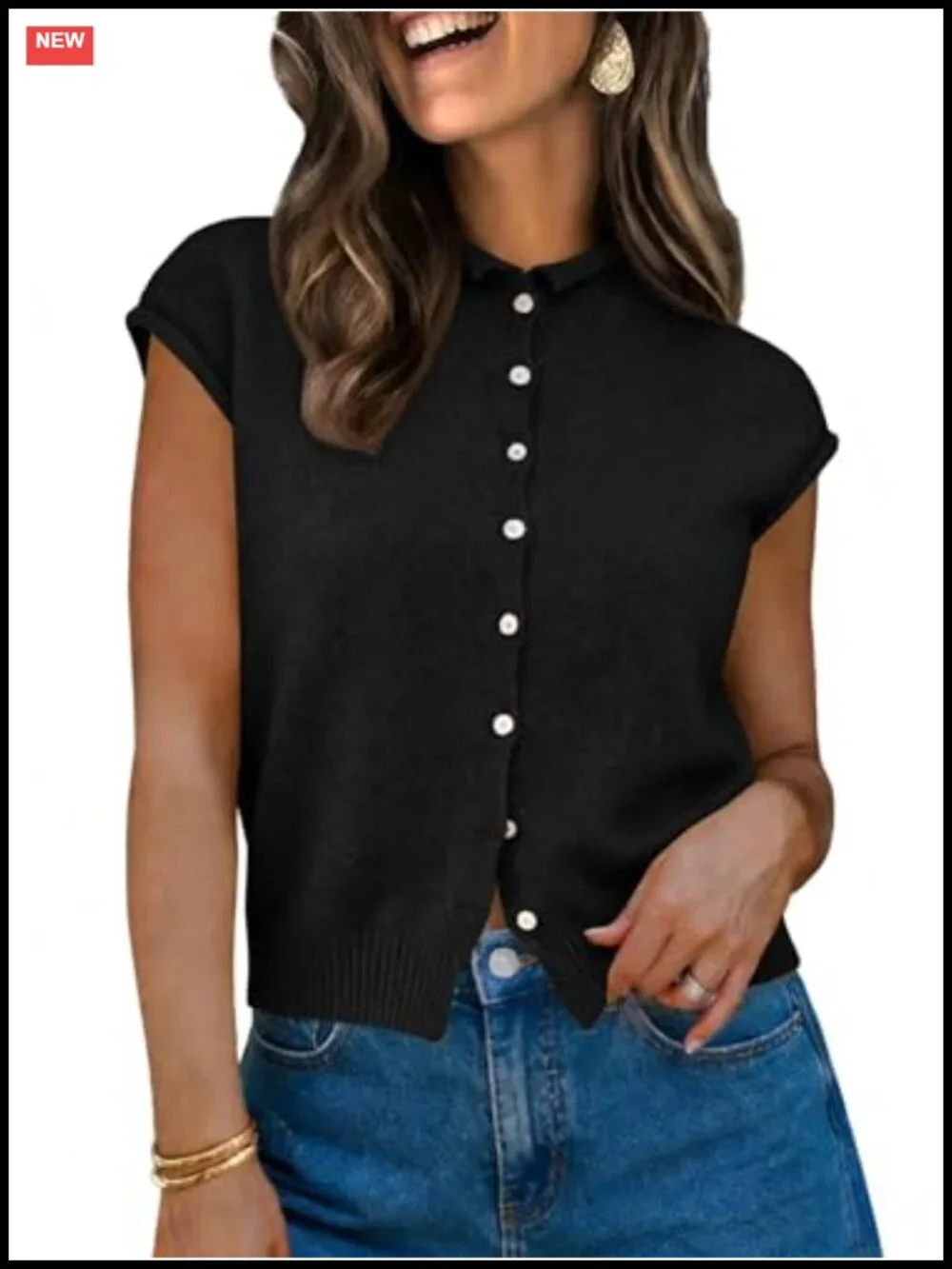Women's Cap Sleeve Knit Sweater Vest Button Down Lightweight Cardigan